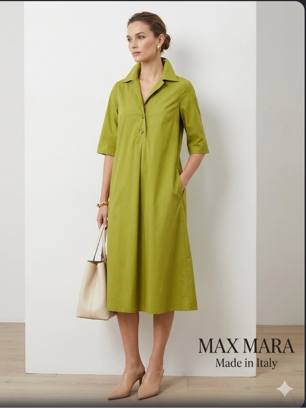 Max Mara Mainline Chartreuse Green Stretch Cotton Poplin Shirtdress Midi 40/6US